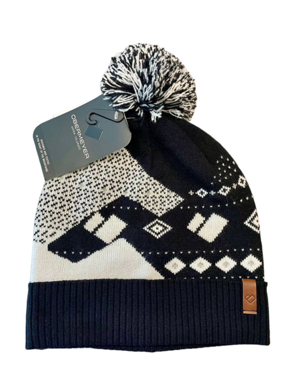 Obermeyer Telluride Pom Beanie Women’s Black White Fair Isle Ski Hat NWT - Picture 2 of 4